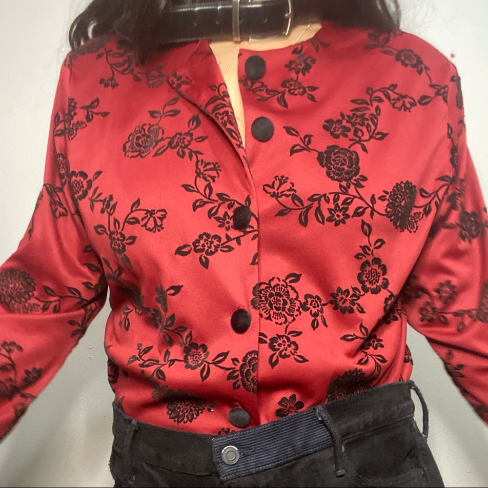 Vintage Red and Black Floral Button Up Blouse